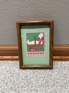 Vintage 80s 90s Country Goose in Basket Framed Print Pink Green Bow Apples Oak